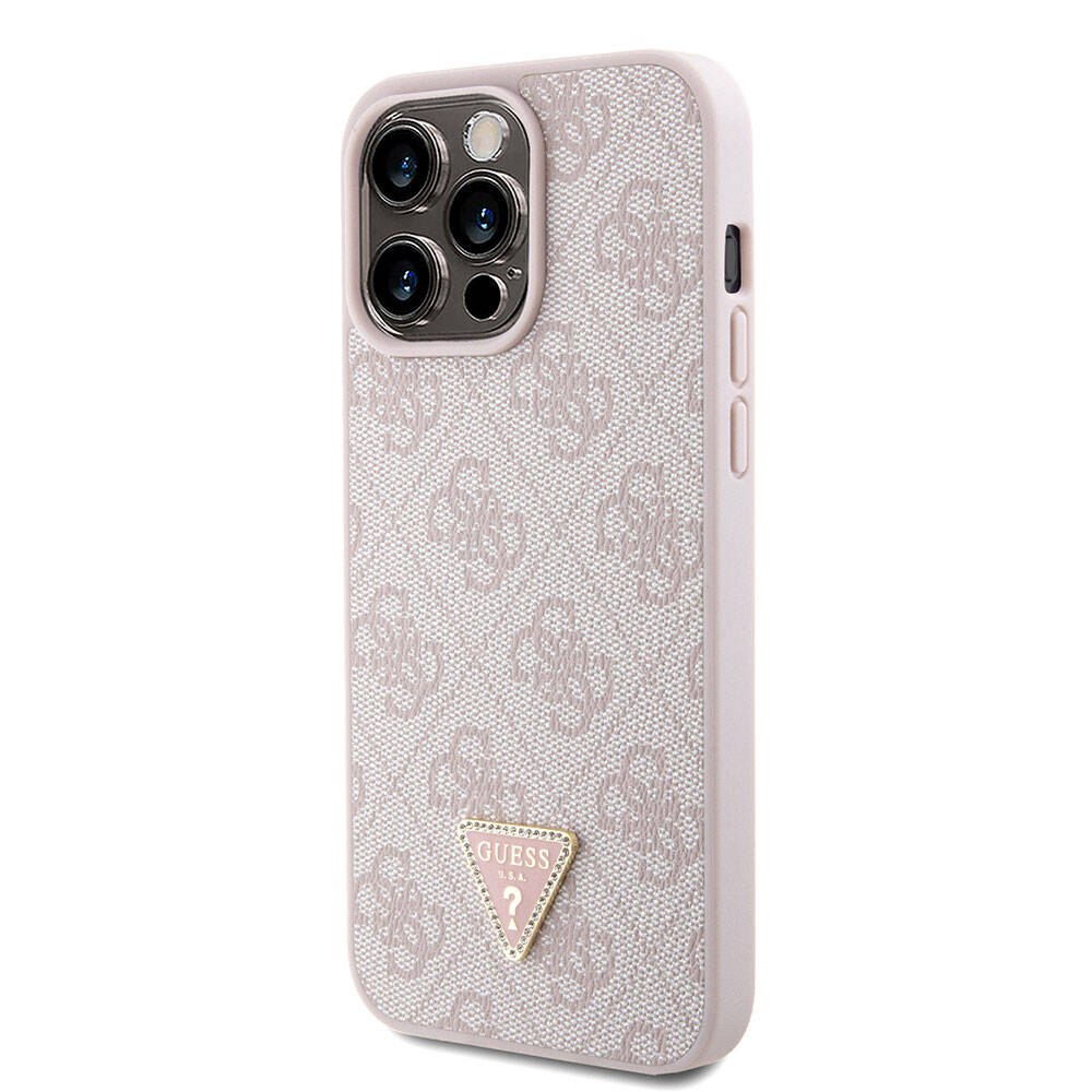 iPhone 15 Pro Max Kılıf Guess Orijinal Lisanslı PU Deri Askılı Taşlı Üçgen Logo 4G Desenli Strass Crossbody Kılıf