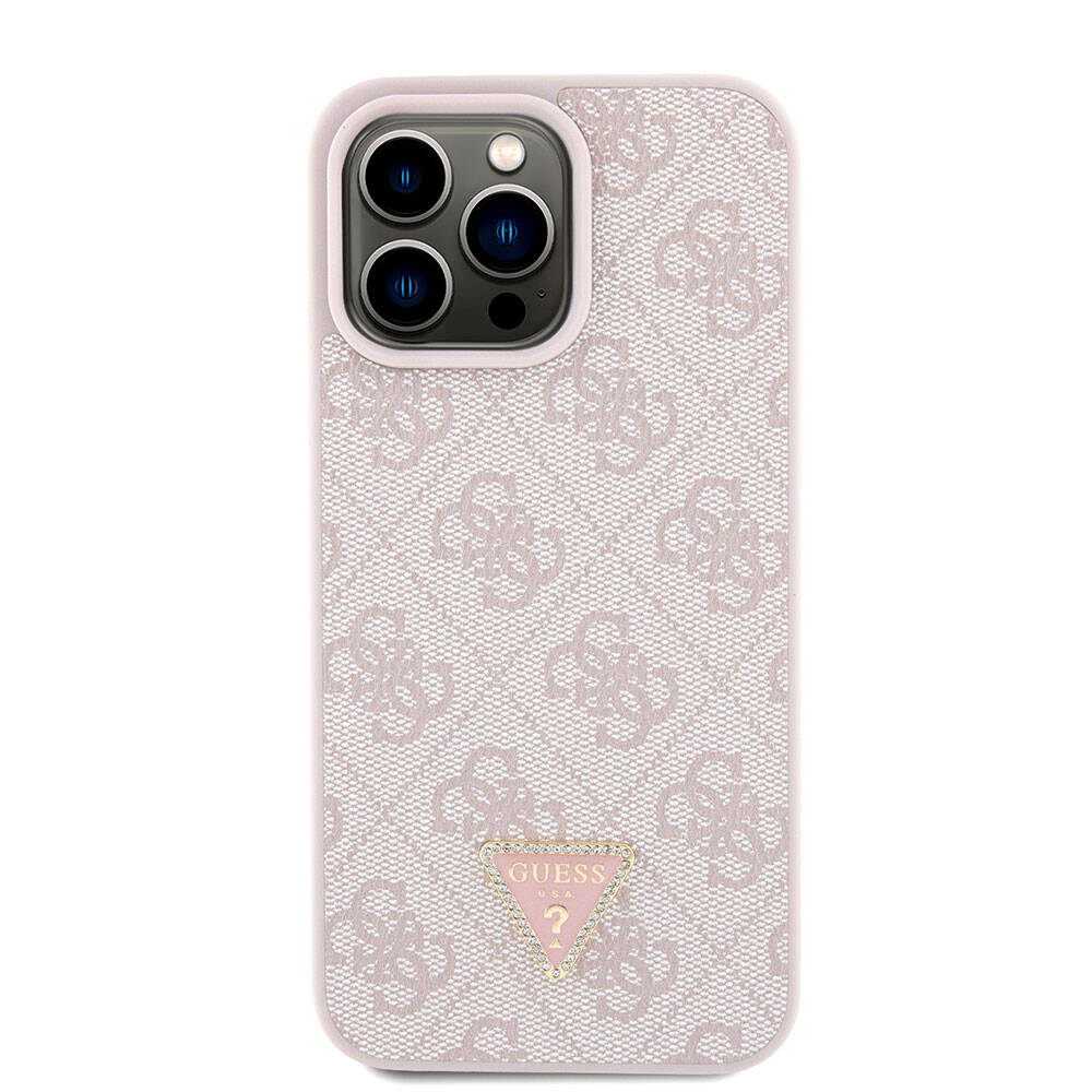 iPhone 15 Pro Max Kılıf Guess Orijinal Lisanslı PU Deri Askılı Taşlı Üçgen Logo 4G Desenli Strass Crossbody Kılıf