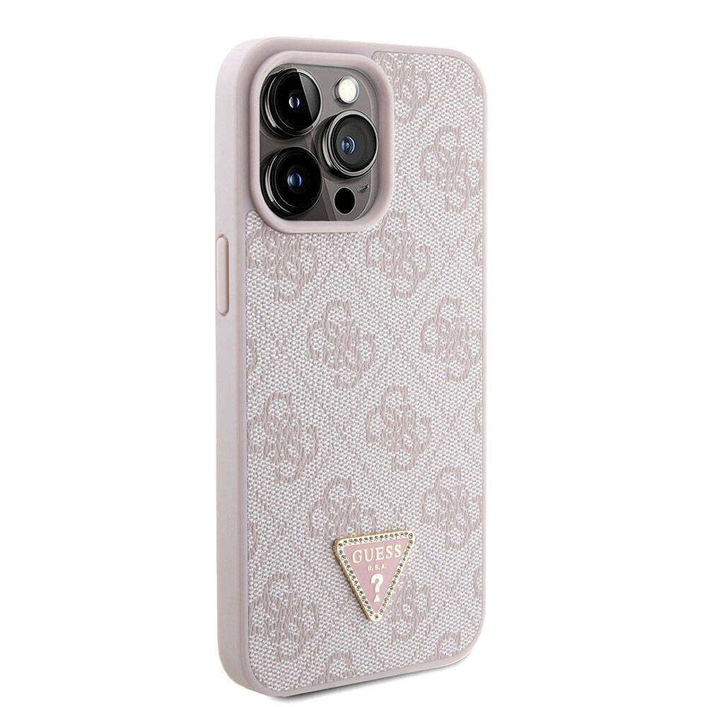 iPhone 15 Pro Max Kılıf Guess Orijinal Lisanslı PU Deri Askılı Taşlı Üçgen Logo 4G Desenli Strass Crossbody Kılıf