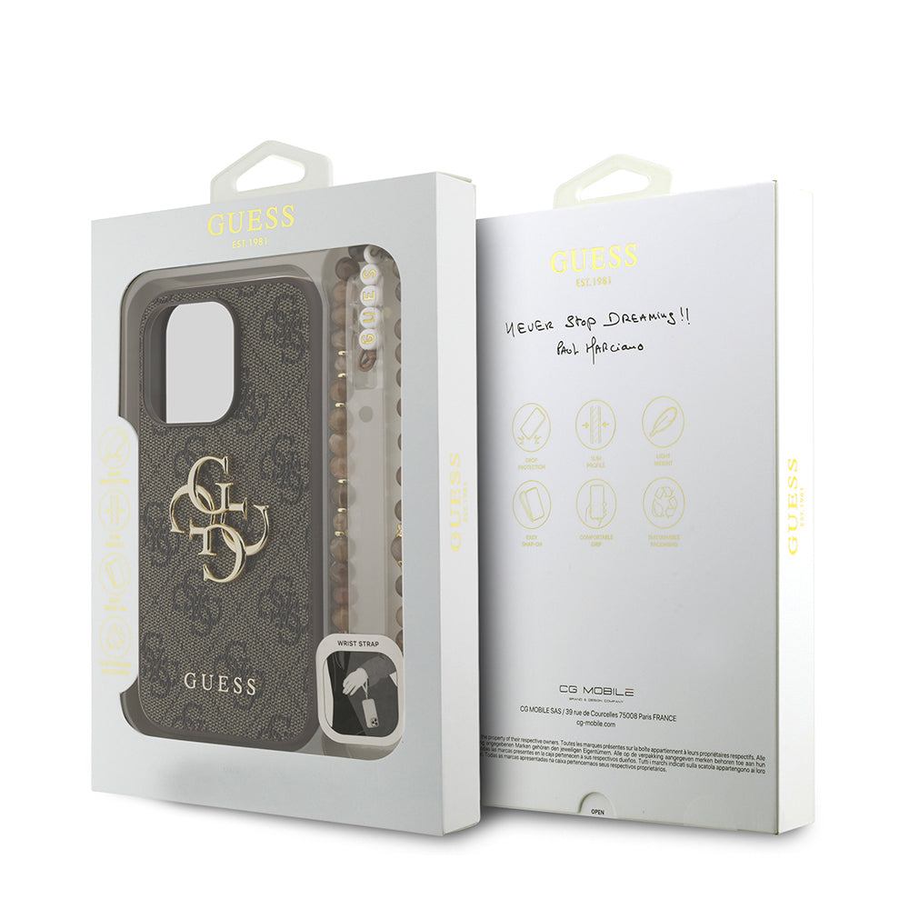 iPhone 15 Pro Max Kılıf Guess Orijinal Lisanslı PU Deri Bilek Askı İpli Metal Büyük 4G ve Yazı Logolu Kılıf