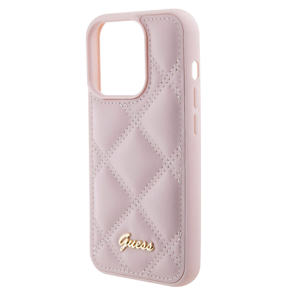iPhone 15 Pro Max Kılıf Guess Orijinal Lisanslı PU Deri Metal Yazı Logolu Kapitone Kılıf