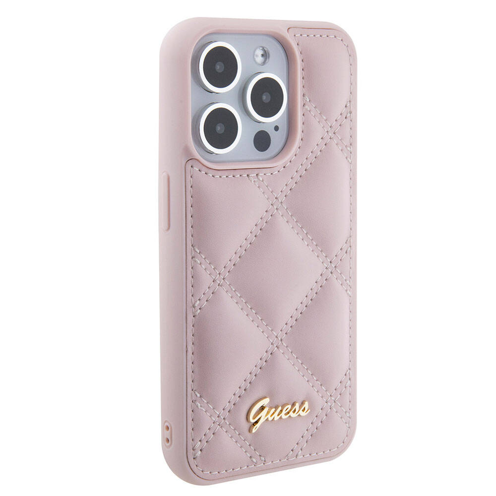 iPhone 15 Pro Max Kılıf Guess Orijinal Lisanslı PU Deri Metal Yazı Logolu Kapitone Kılıf