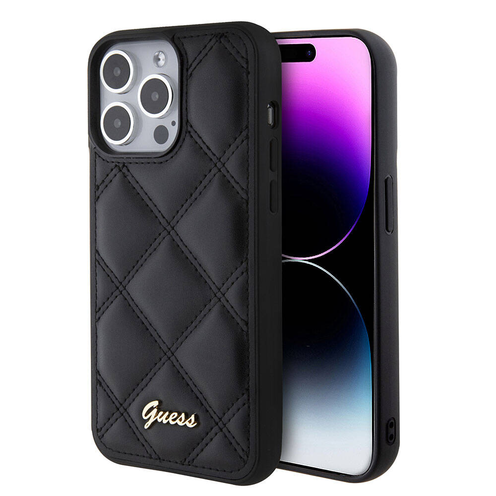 iPhone 15 Pro Max Kılıf Guess Orijinal Lisanslı PU Deri Metal Yazı Logolu Kapitone Kılıf