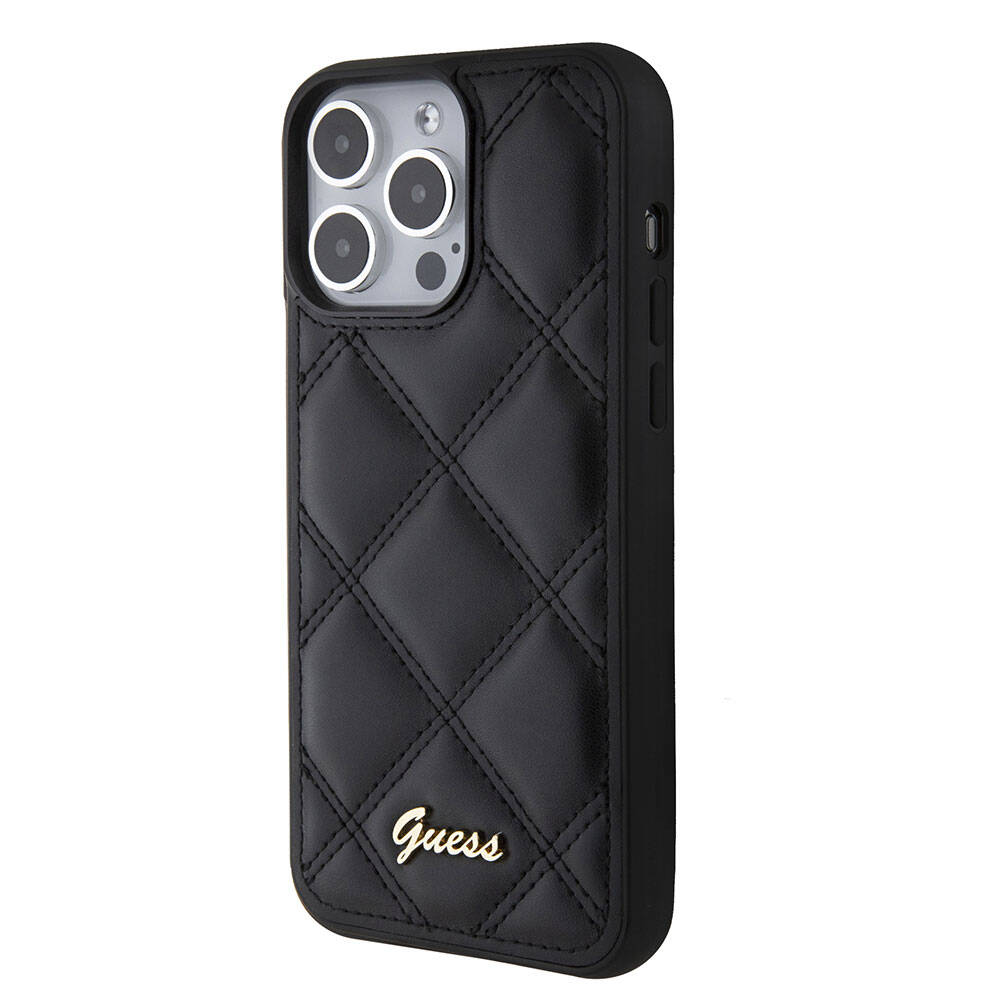 iPhone 15 Pro Max Kılıf Guess Orijinal Lisanslı PU Deri Metal Yazı Logolu Kapitone Kılıf