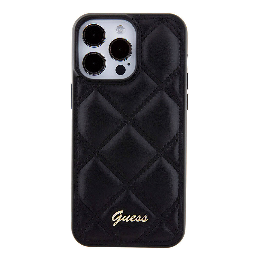 iPhone 15 Pro Max Kılıf Guess Orijinal Lisanslı PU Deri Metal Yazı Logolu Kapitone Kılıf