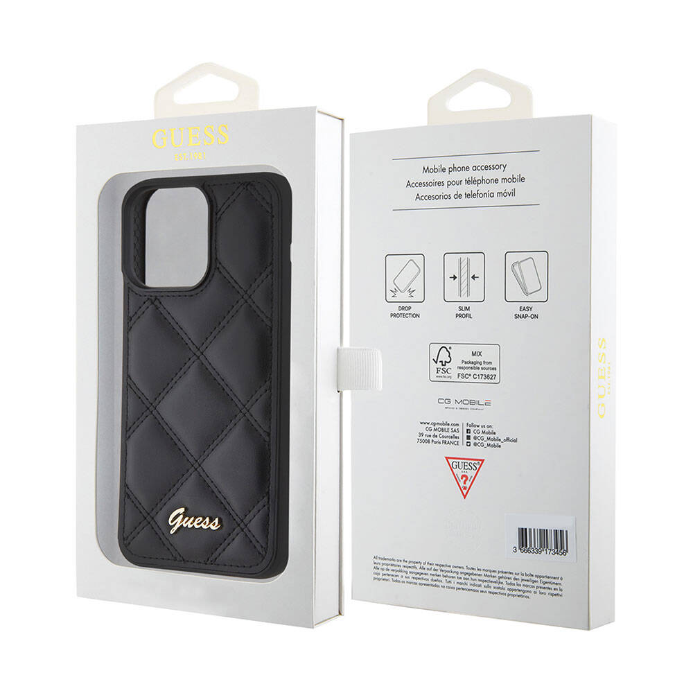 iPhone 15 Pro Max Kılıf Guess Orijinal Lisanslı PU Deri Metal Yazı Logolu Kapitone Kılıf