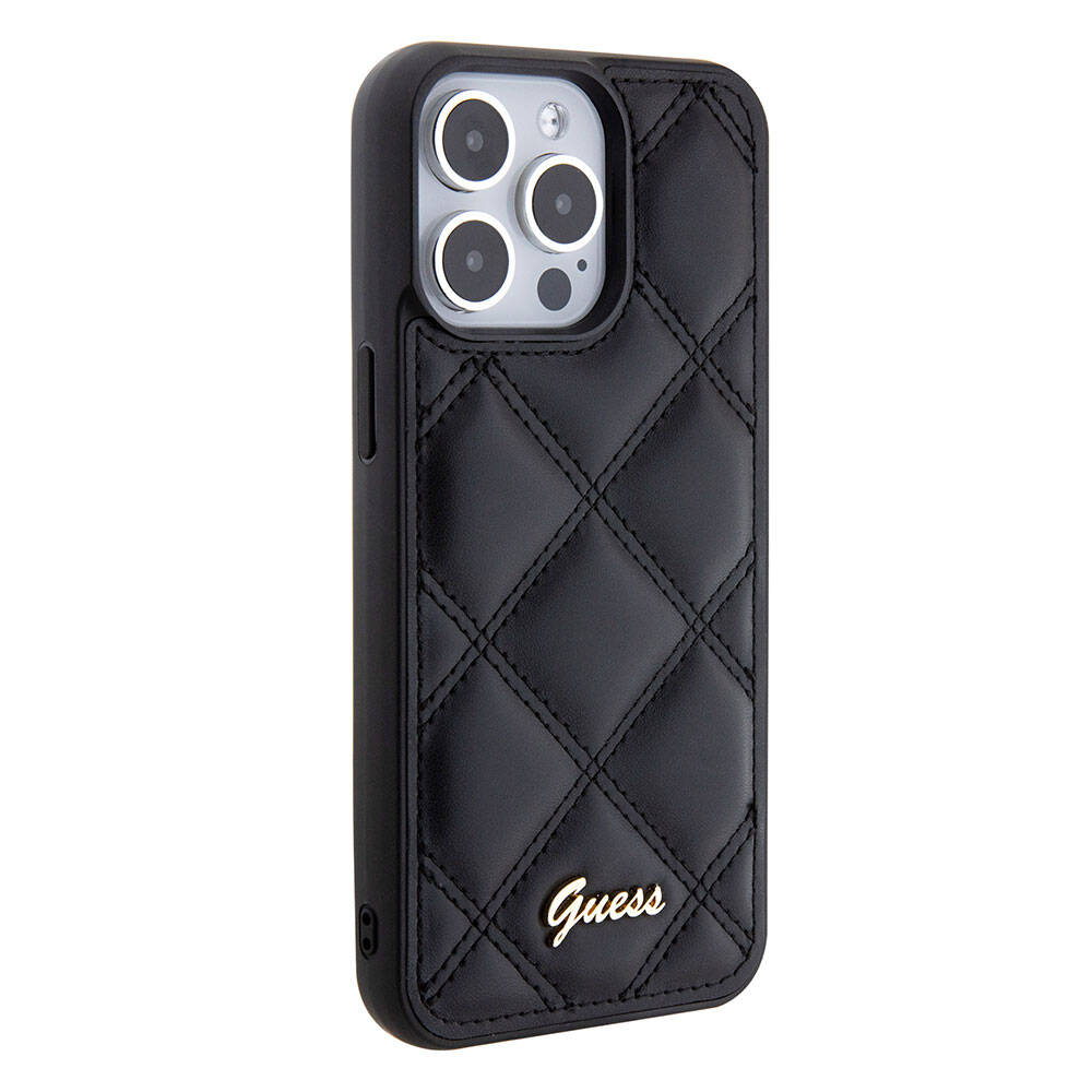 iPhone 15 Pro Max Kılıf Guess Orijinal Lisanslı PU Deri Metal Yazı Logolu Kapitone Kılıf