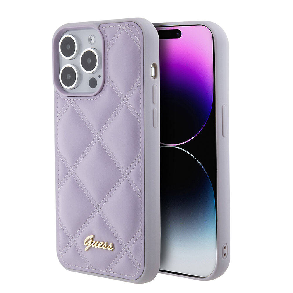 iPhone 15 Pro Max Kılıf Guess Orijinal Lisanslı PU Deri Metal Yazı Logolu Kapitone Kılıf