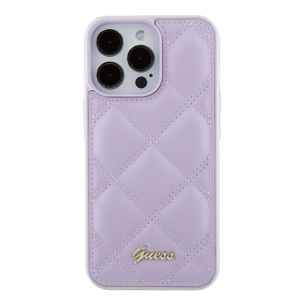 iPhone 15 Pro Max Kılıf Guess Orijinal Lisanslı PU Deri Metal Yazı Logolu Kapitone Kılıf