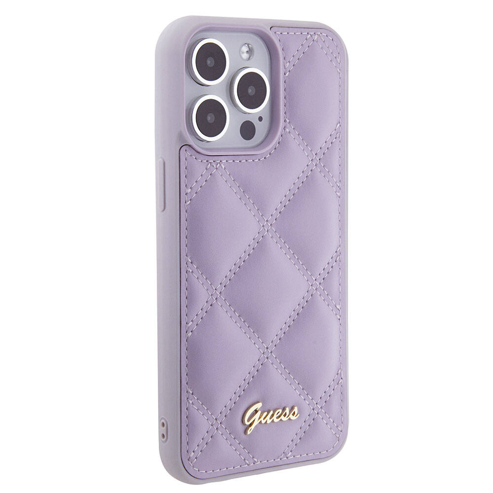 iPhone 15 Pro Max Kılıf Guess Orijinal Lisanslı PU Deri Metal Yazı Logolu Kapitone Kılıf