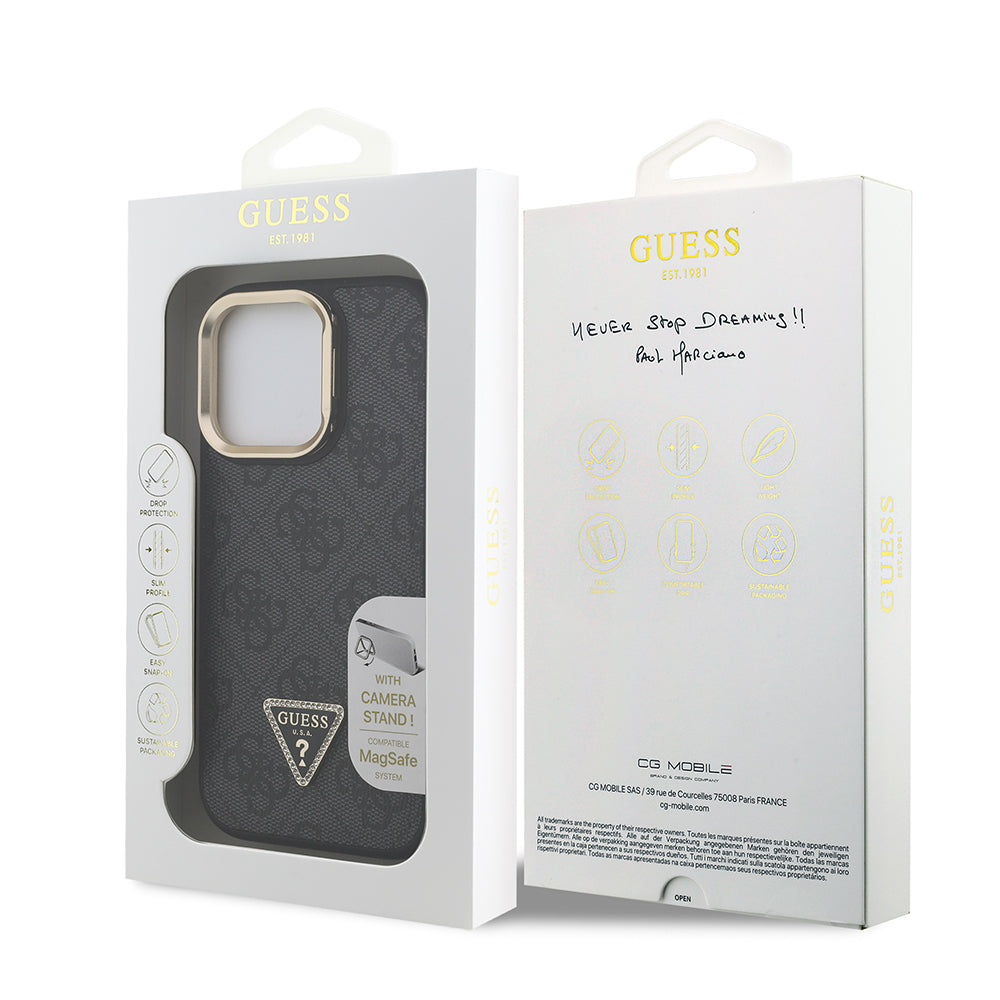 iPhone 15 Pro Max Kılıf Guess Orijinal Lisanslı PU Deri Taşlı Üçgen Logo 4G Desenli Kamera Standlı Kılıf