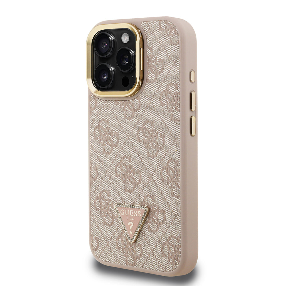 iPhone 15 Pro Max Kılıf Guess Orijinal Lisanslı PU Deri Taşlı Üçgen Logo 4G Desenli Kamera Standlı Kılıf
