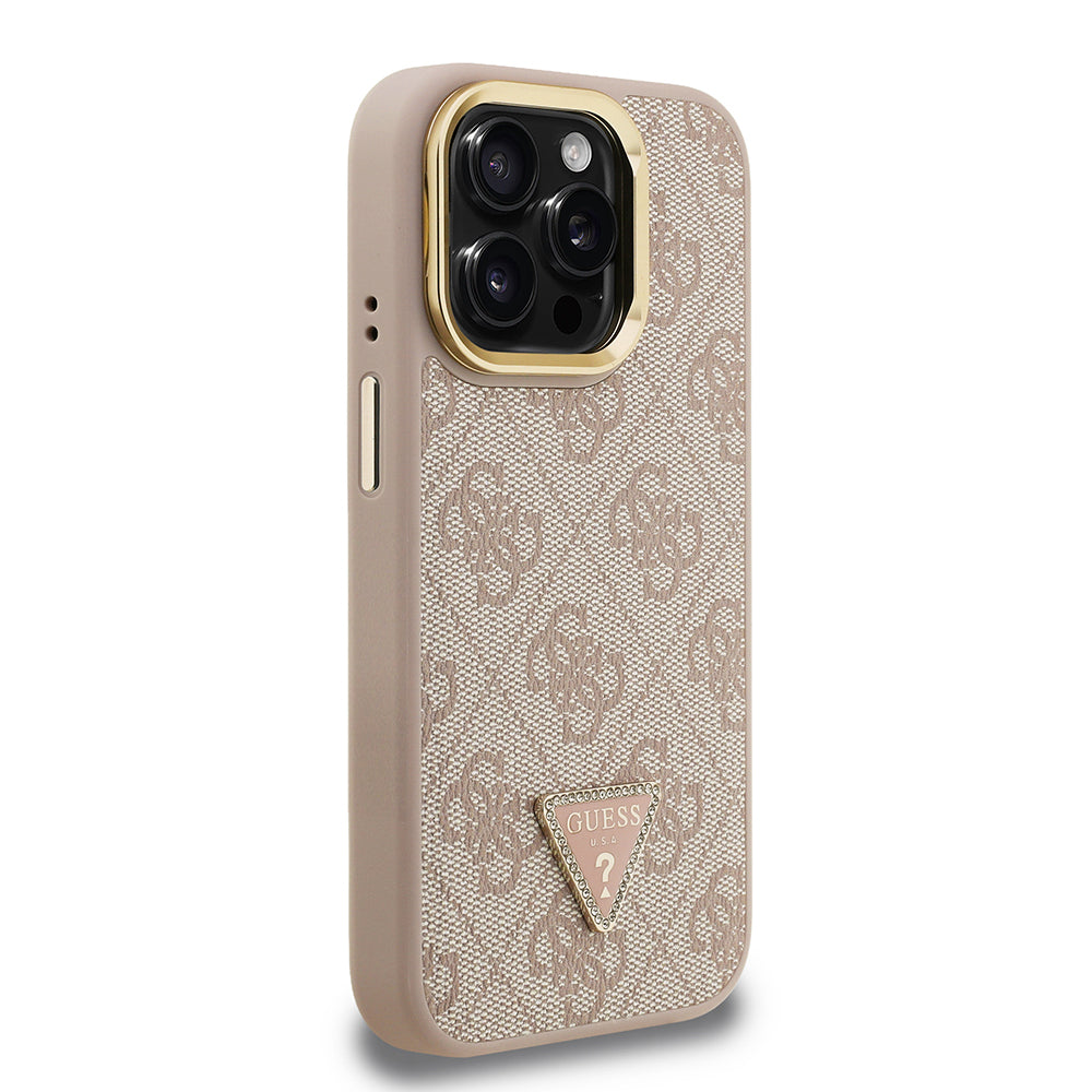 iPhone 15 Pro Max Kılıf Guess Orijinal Lisanslı PU Deri Taşlı Üçgen Logo 4G Desenli Kamera Standlı Kılıf
