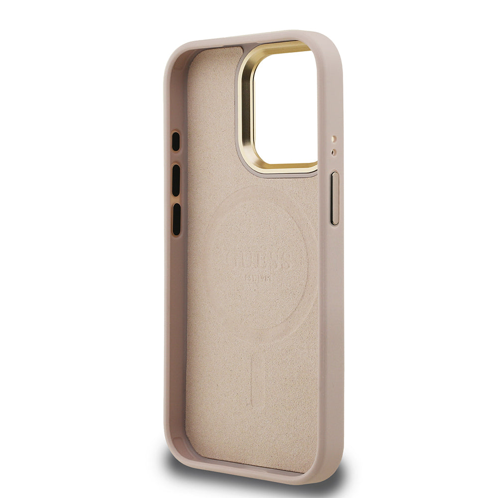 iPhone 15 Pro Max Kılıf Guess Orijinal Lisanslı PU Deri Taşlı Üçgen Logo 4G Desenli Kamera Standlı Kılıf