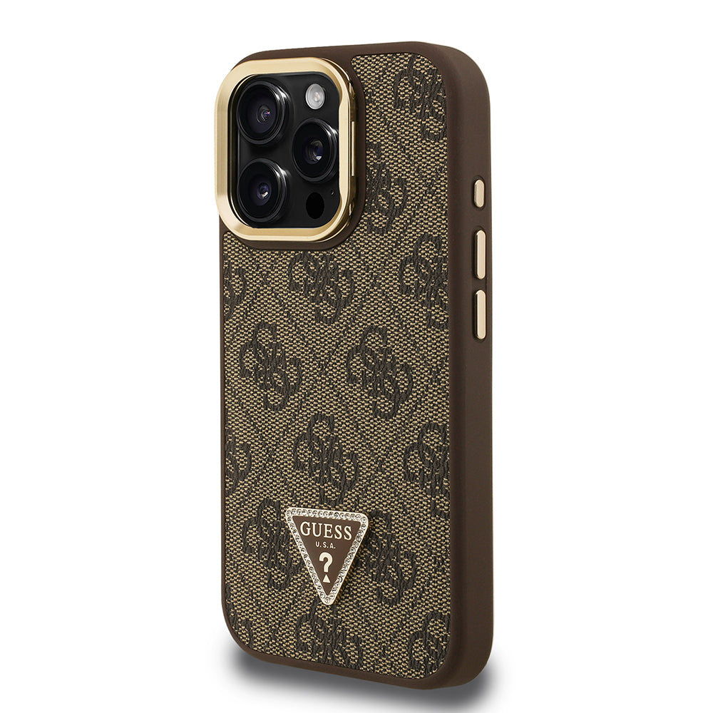 iPhone 15 Pro Max Kılıf Guess Orijinal Lisanslı PU Deri Taşlı Üçgen Logo 4G Desenli Kamera Standlı Kılıf