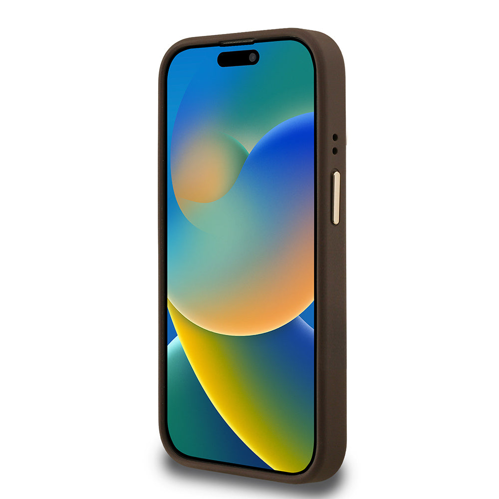 iPhone 15 Pro Max Kılıf Guess Orijinal Lisanslı PU Deri Taşlı Üçgen Logo 4G Desenli Kamera Standlı Kılıf