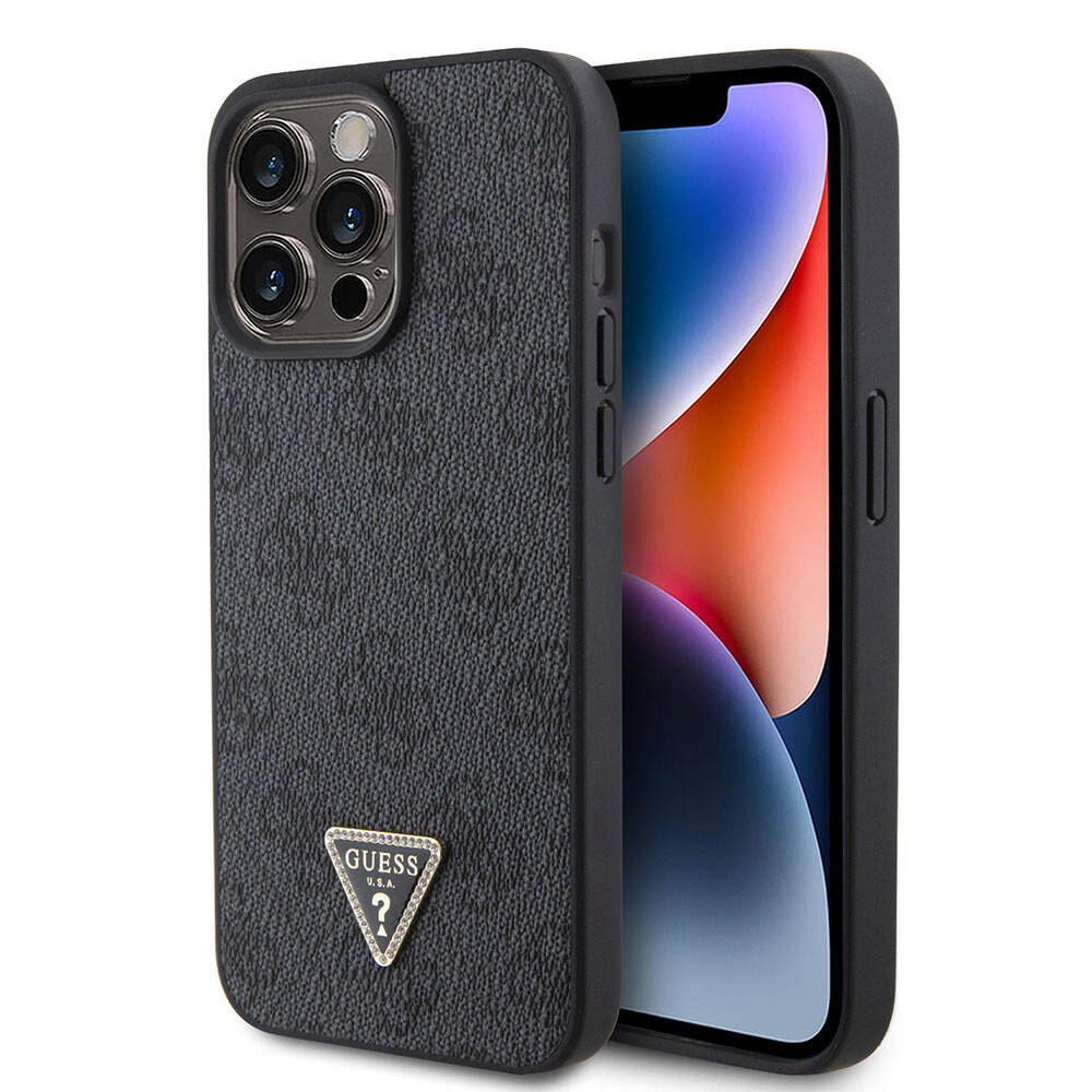 iPhone 15 Pro Max Kılıf Guess Orijinal Lisanslı PU Deri Taşlı Üçgen Logo 4G Desenli Strass Kılıf