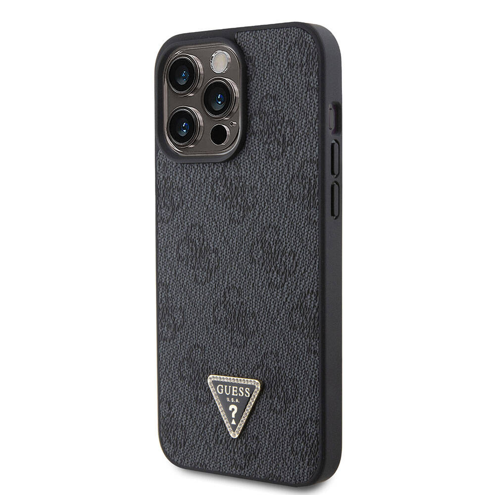 iPhone 15 Pro Max Kılıf Guess Orijinal Lisanslı PU Deri Taşlı Üçgen Logo 4G Desenli Strass Kılıf