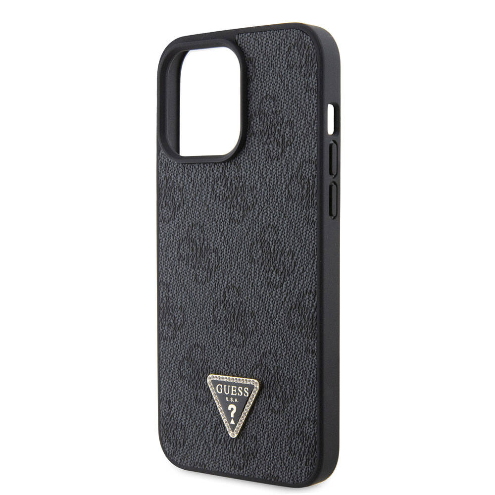 iPhone 15 Pro Max Kılıf Guess Orijinal Lisanslı PU Deri Taşlı Üçgen Logo 4G Desenli Strass Kılıf