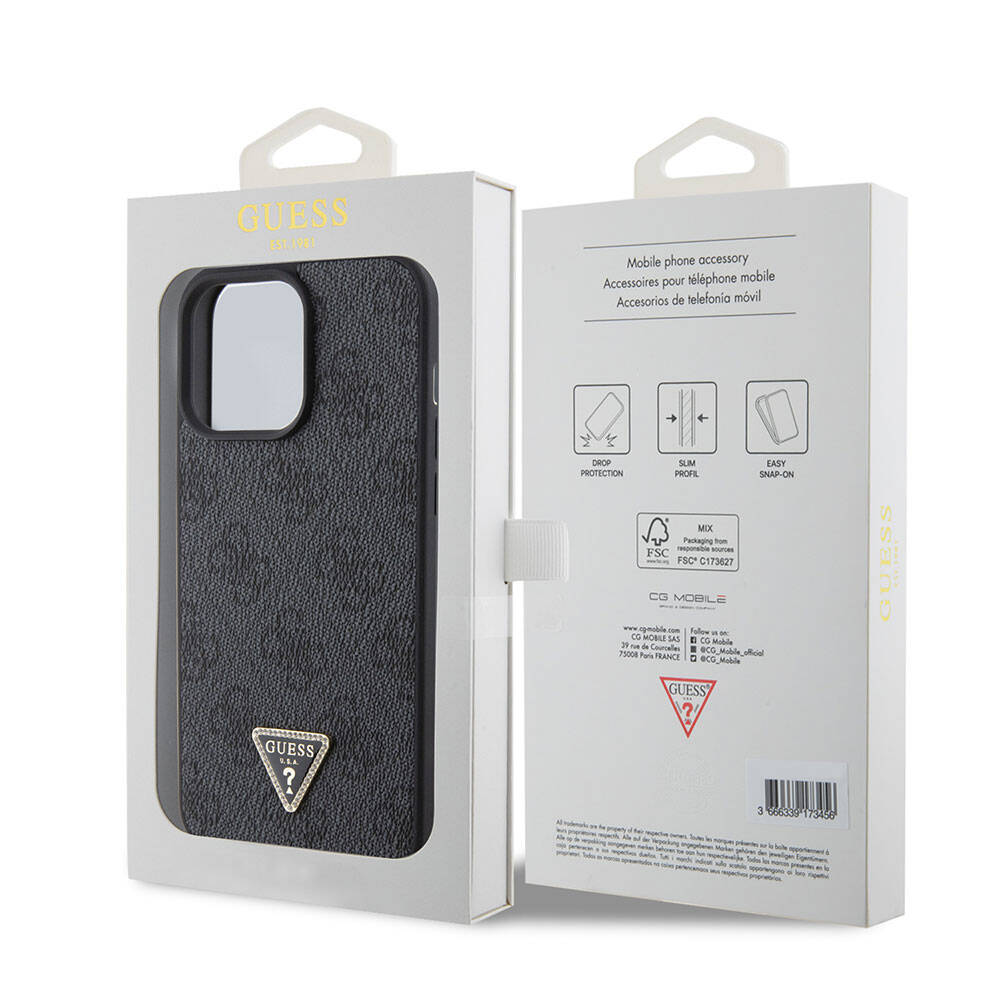 iPhone 15 Pro Max Kılıf Guess Orijinal Lisanslı PU Deri Taşlı Üçgen Logo 4G Desenli Strass Kılıf