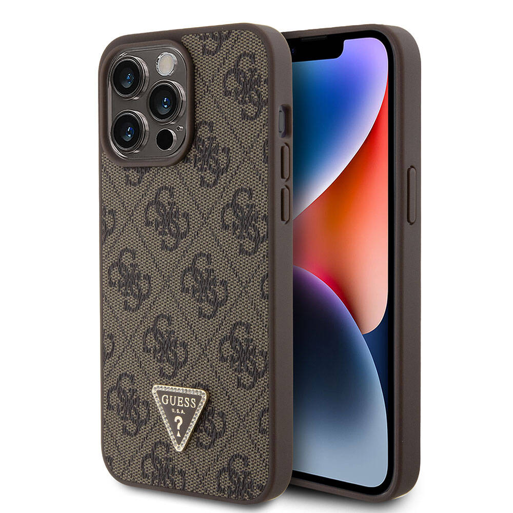 iPhone 15 Pro Max Kılıf Guess Orijinal Lisanslı PU Deri Taşlı Üçgen Logo 4G Desenli Strass Kılıf