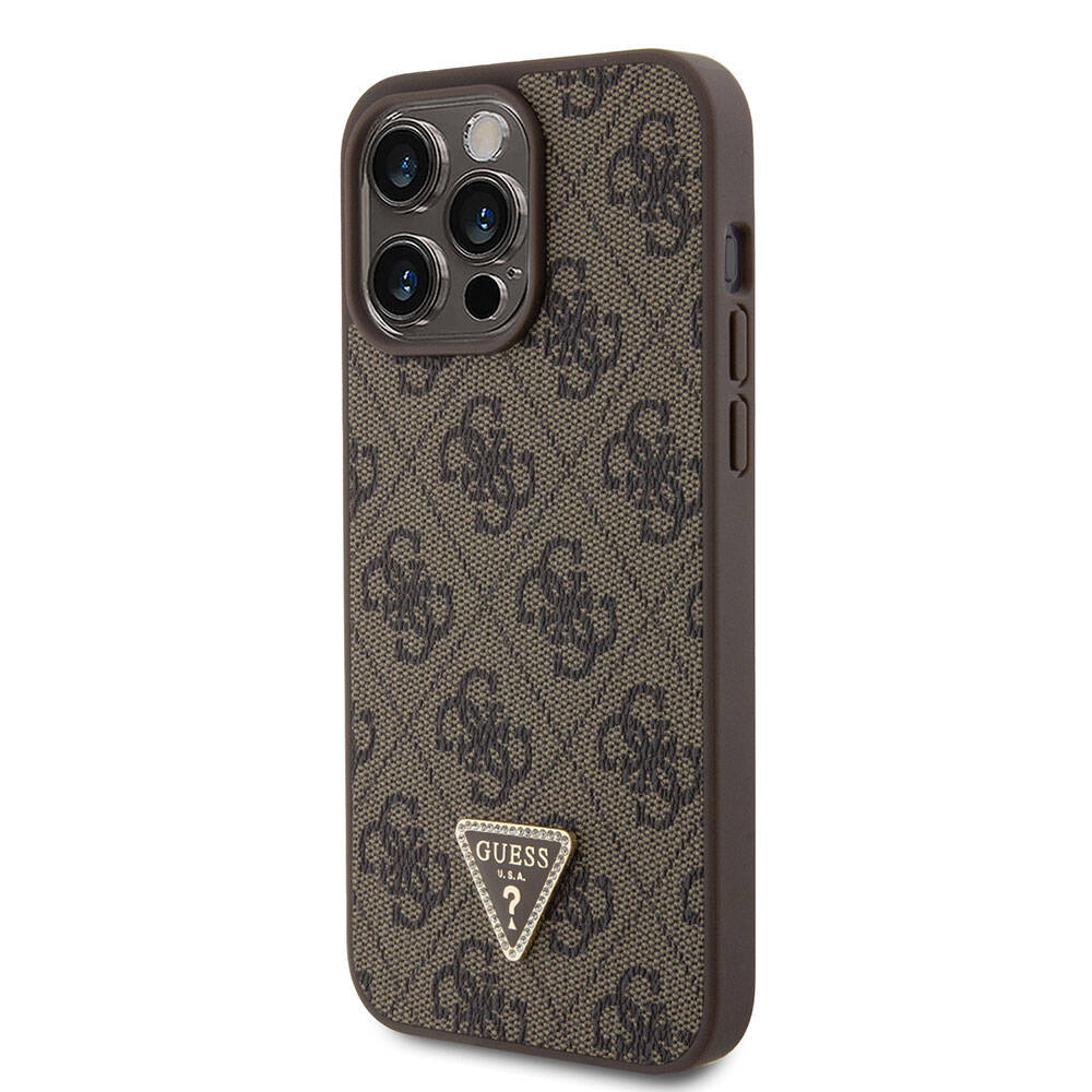 iPhone 15 Pro Max Kılıf Guess Orijinal Lisanslı PU Deri Taşlı Üçgen Logo 4G Desenli Strass Kılıf