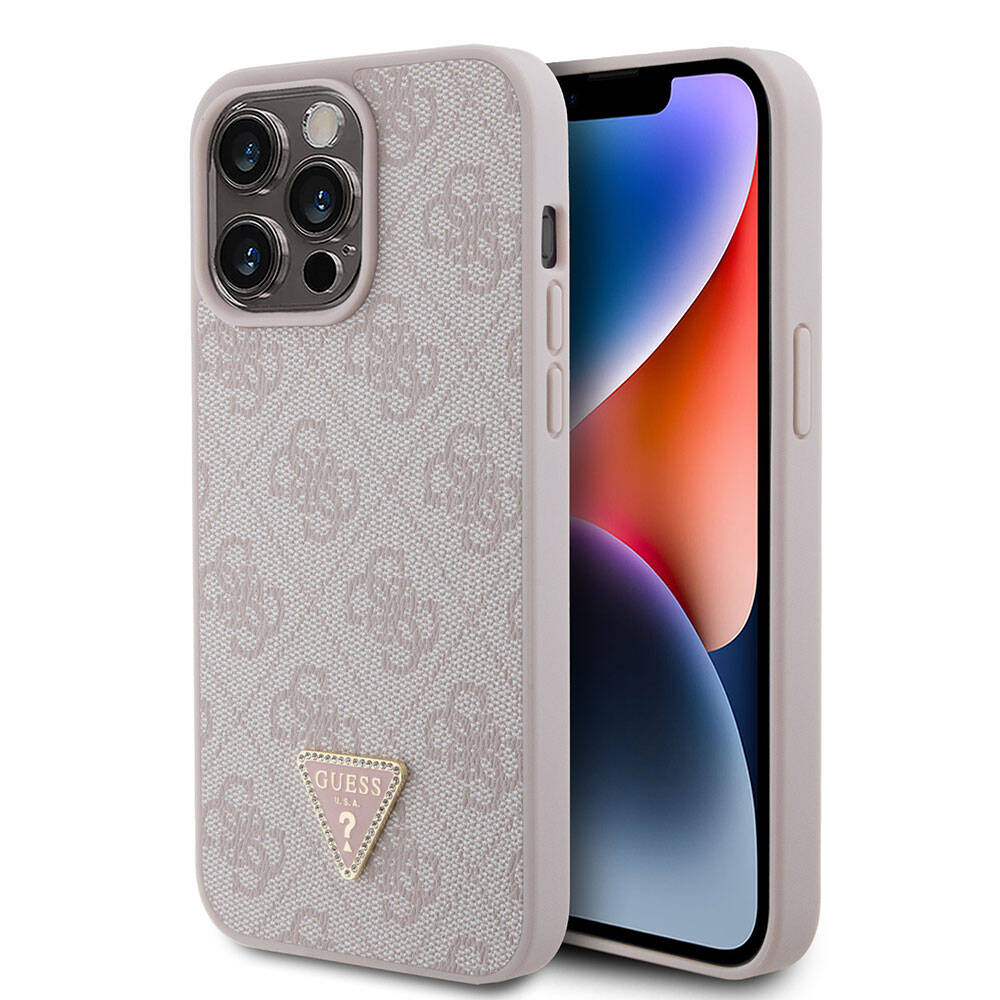 iPhone 15 Pro Max Kılıf Guess Orijinal Lisanslı PU Deri Taşlı Üçgen Logo 4G Desenli Strass Kılıf