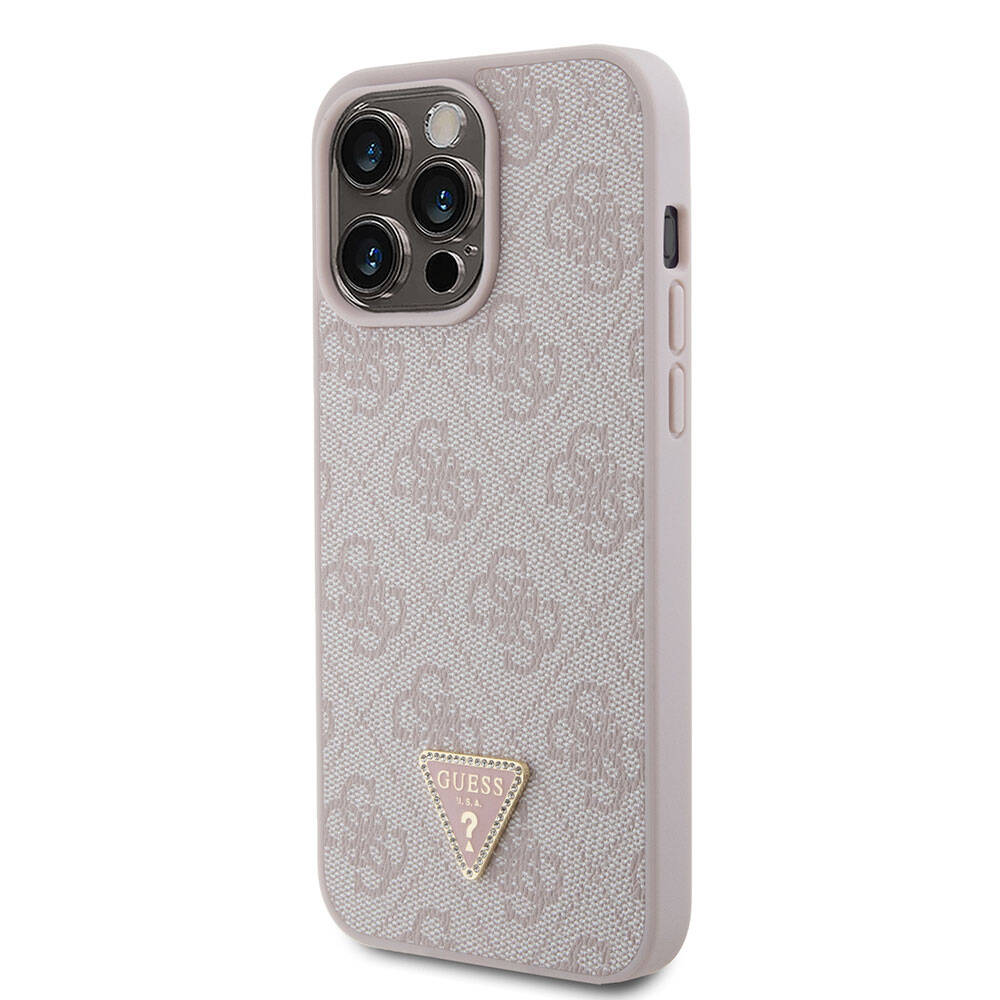 iPhone 15 Pro Max Kılıf Guess Orijinal Lisanslı PU Deri Taşlı Üçgen Logo 4G Desenli Strass Kılıf