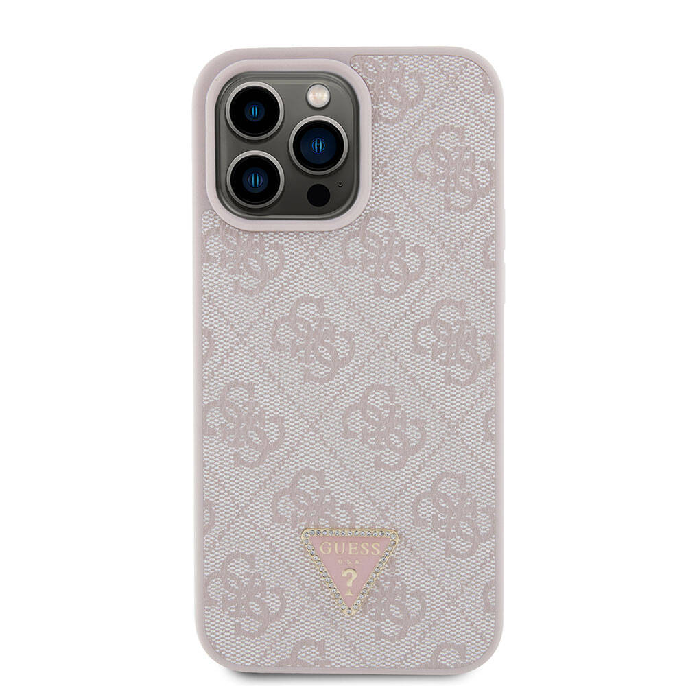 iPhone 15 Pro Max Kılıf Guess Orijinal Lisanslı PU Deri Taşlı Üçgen Logo 4G Desenli Strass Kılıf