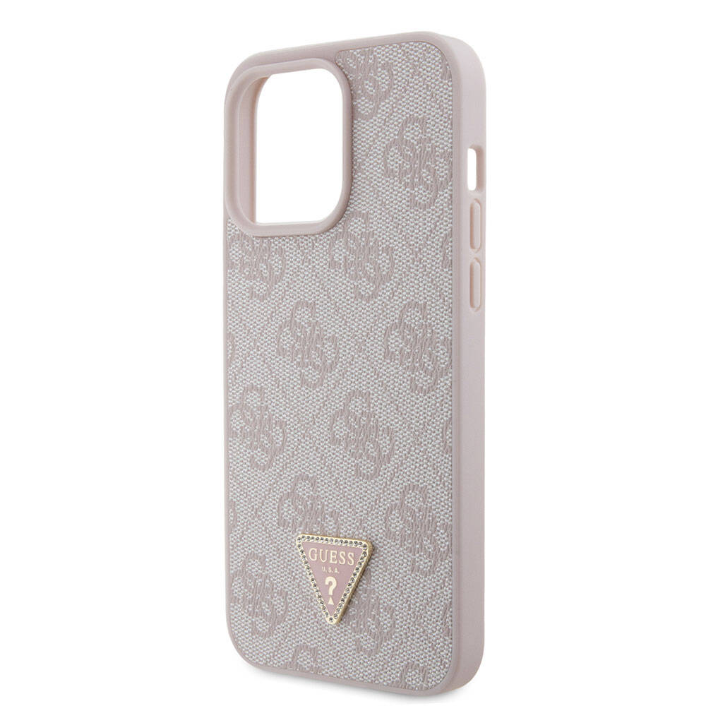 iPhone 15 Pro Max Kılıf Guess Orijinal Lisanslı PU Deri Taşlı Üçgen Logo 4G Desenli Strass Kılıf
