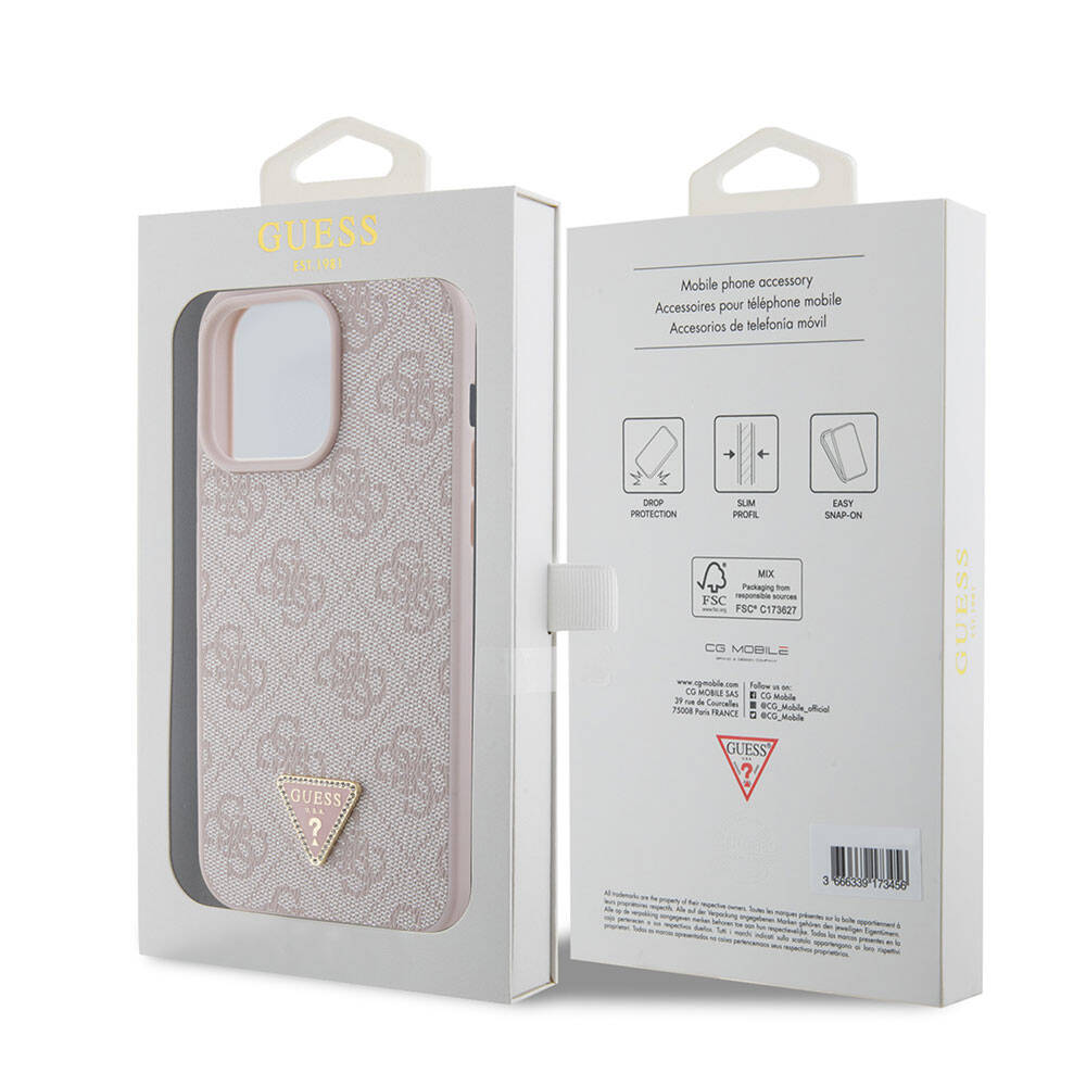 iPhone 15 Pro Max Kılıf Guess Orijinal Lisanslı PU Deri Taşlı Üçgen Logo 4G Desenli Strass Kılıf