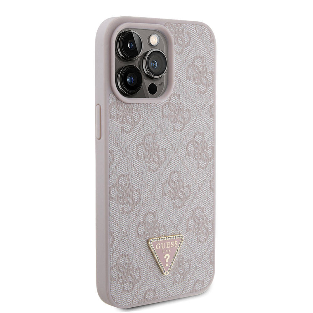 iPhone 15 Pro Max Kılıf Guess Orijinal Lisanslı PU Deri Taşlı Üçgen Logo 4G Desenli Strass Kılıf
