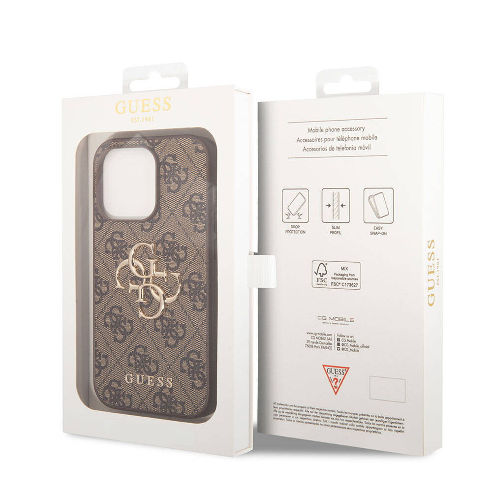 iPhone 15 Pro Max Kılıf Guess Orijinal Lisanslı PU Deri Yazı ve 4G Metal Logolu Desenli Kılıf