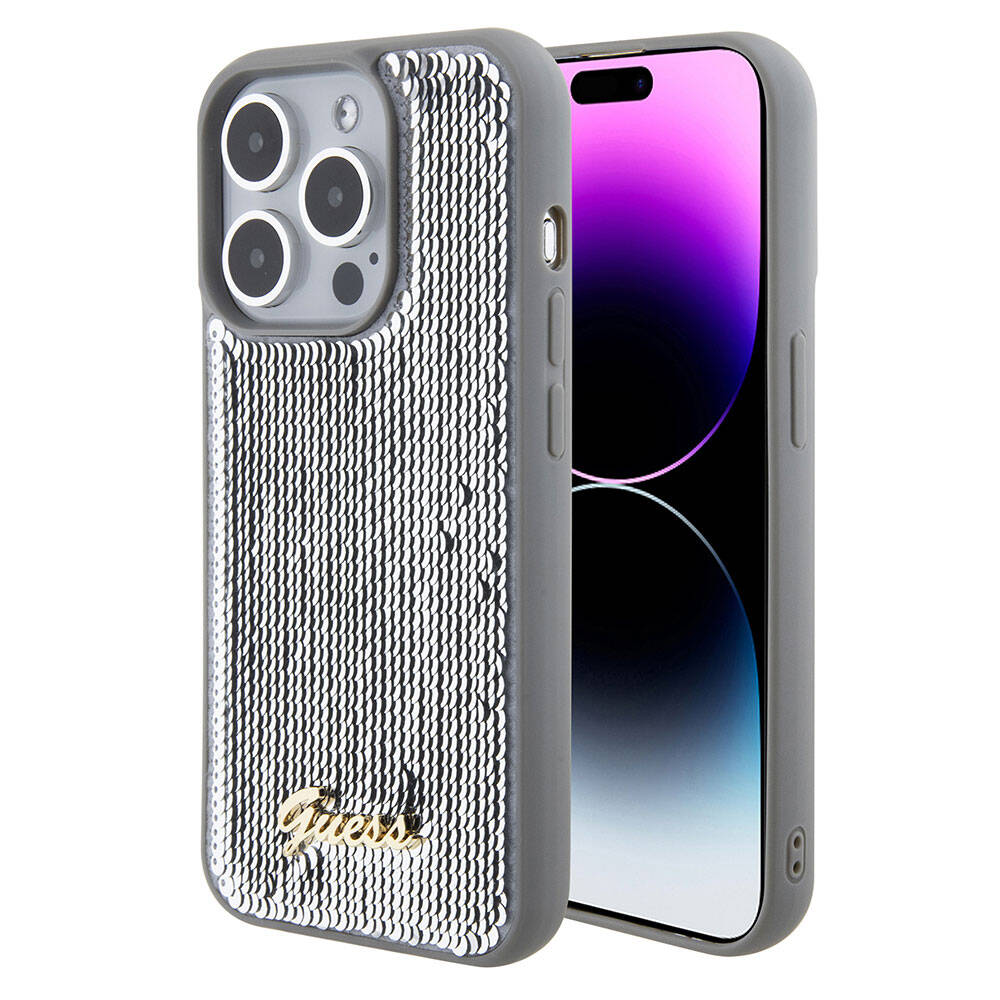 iPhone 15 Pro Max Kılıf Guess Orijinal Lisanslı Pullu Arka Yüzey Metal Yazı Logolu Sequin Script Kılıf