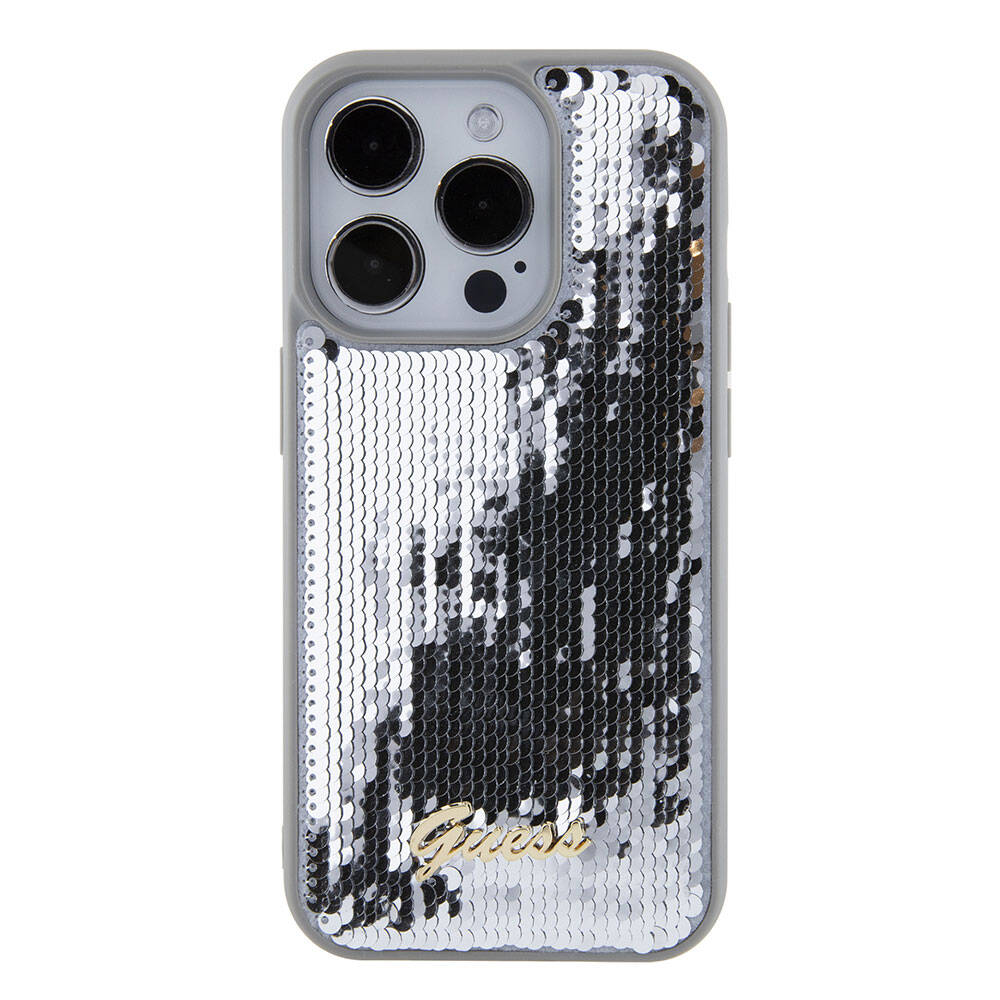 iPhone 15 Pro Max Kılıf Guess Orijinal Lisanslı Pullu Arka Yüzey Metal Yazı Logolu Sequin Script Kılıf