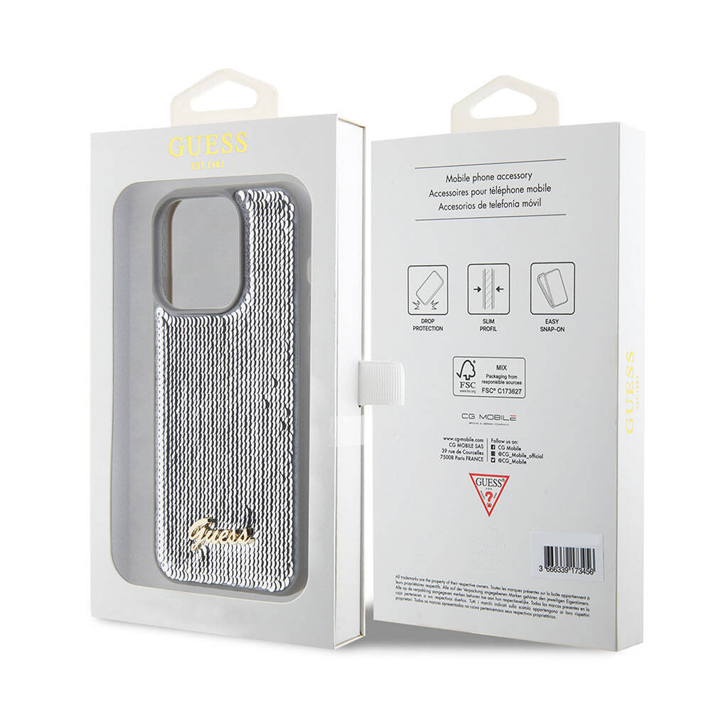 iPhone 15 Pro Max Kılıf Guess Orijinal Lisanslı Pullu Arka Yüzey Metal Yazı Logolu Sequin Script Kılıf