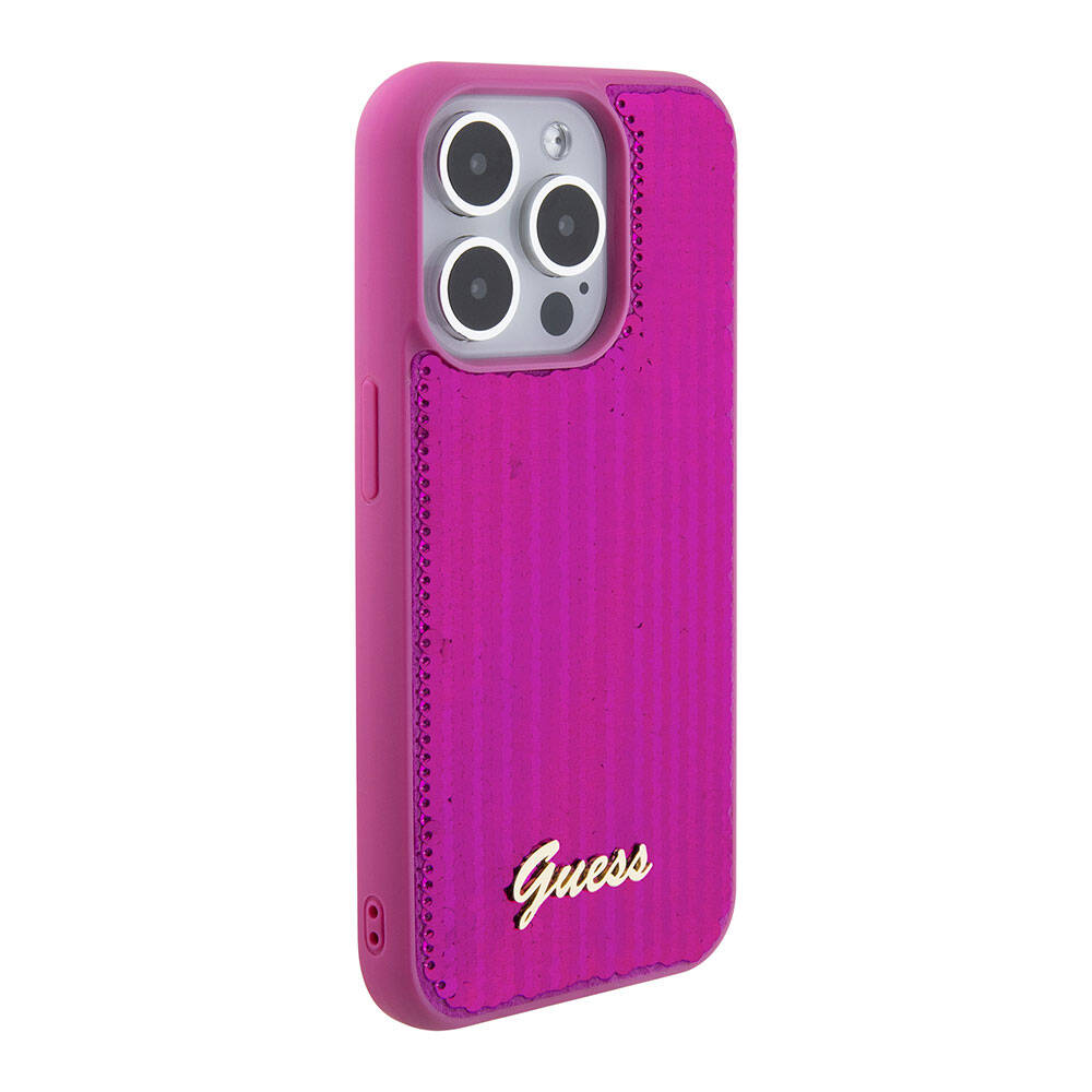 iPhone 15 Pro Max Kılıf Guess Orijinal Lisanslı Pullu Arka Yüzey Metal Yazı Logolu Sequin Script Kılıf