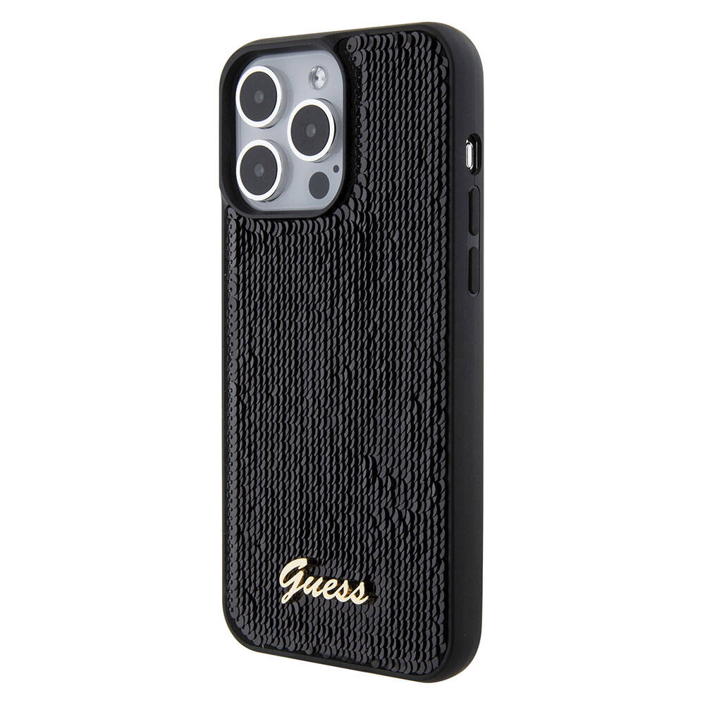 iPhone 15 Pro Max Kılıf Guess Orijinal Lisanslı Pullu Arka Yüzey Metal Yazı Logolu Sequin Script Kılıf
