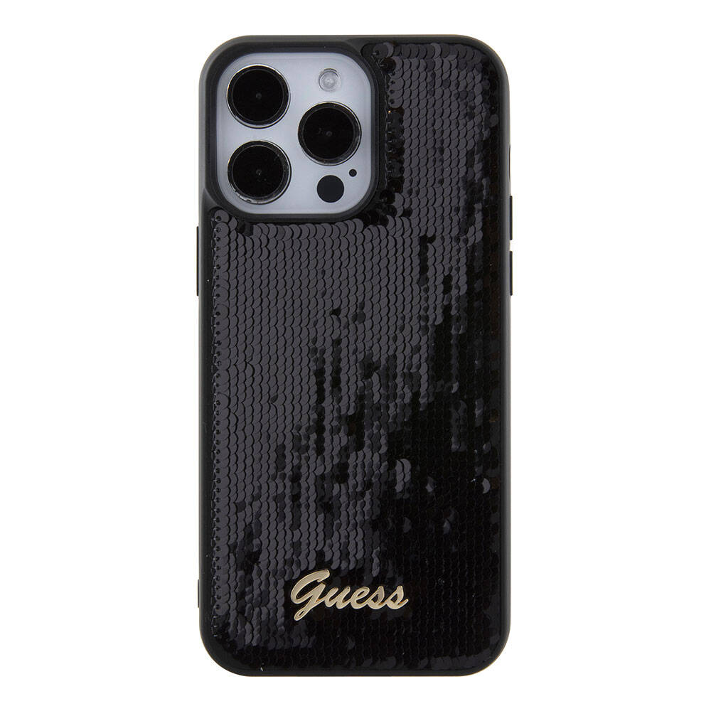 iPhone 15 Pro Max Kılıf Guess Orijinal Lisanslı Pullu Arka Yüzey Metal Yazı Logolu Sequin Script Kılıf