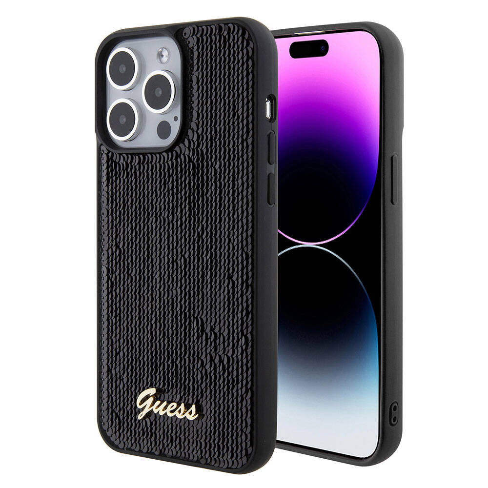 iPhone 15 Pro Max Kılıf Guess Orijinal Lisanslı Pullu Arka Yüzey Metal Yazı Logolu Sequin Script Kılıf