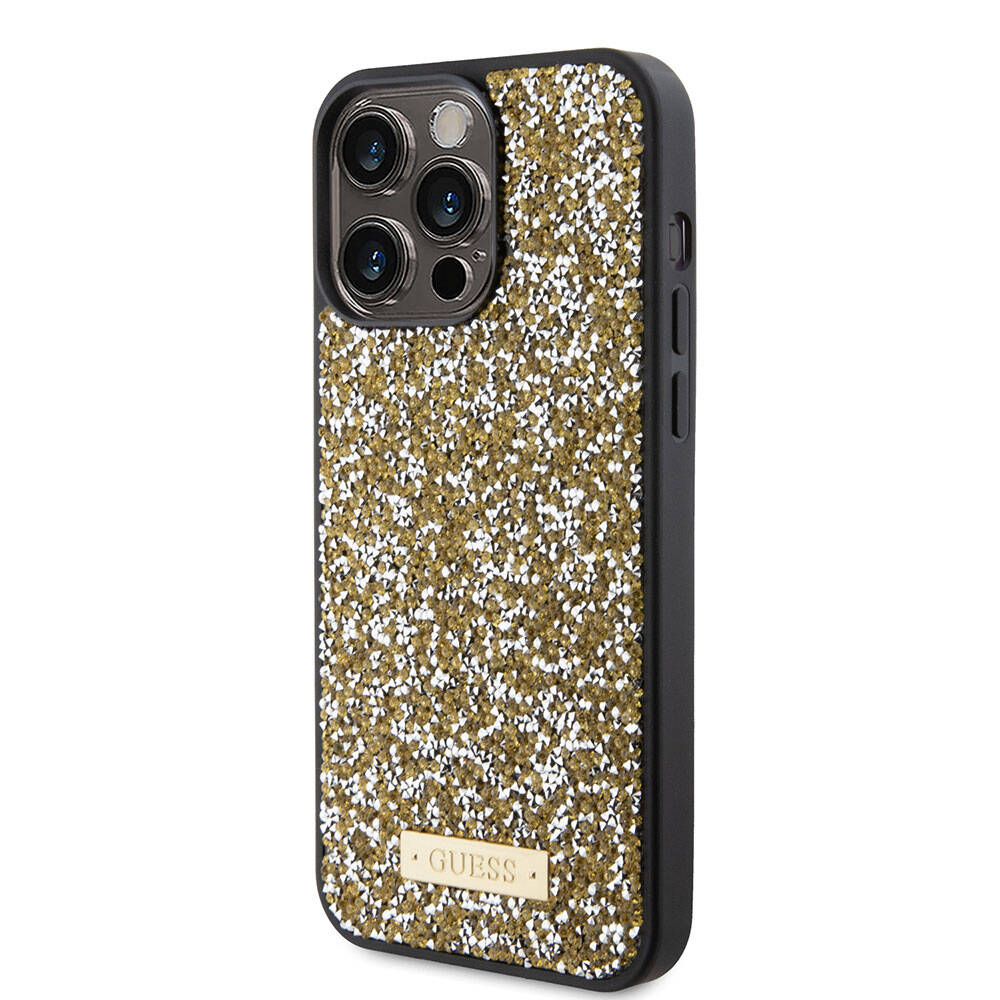 iPhone 15 Pro Max Kılıf Guess Orijinal Lisanslı Taşlı Arka Yüzey Metal Yazı Logolu Kılıf