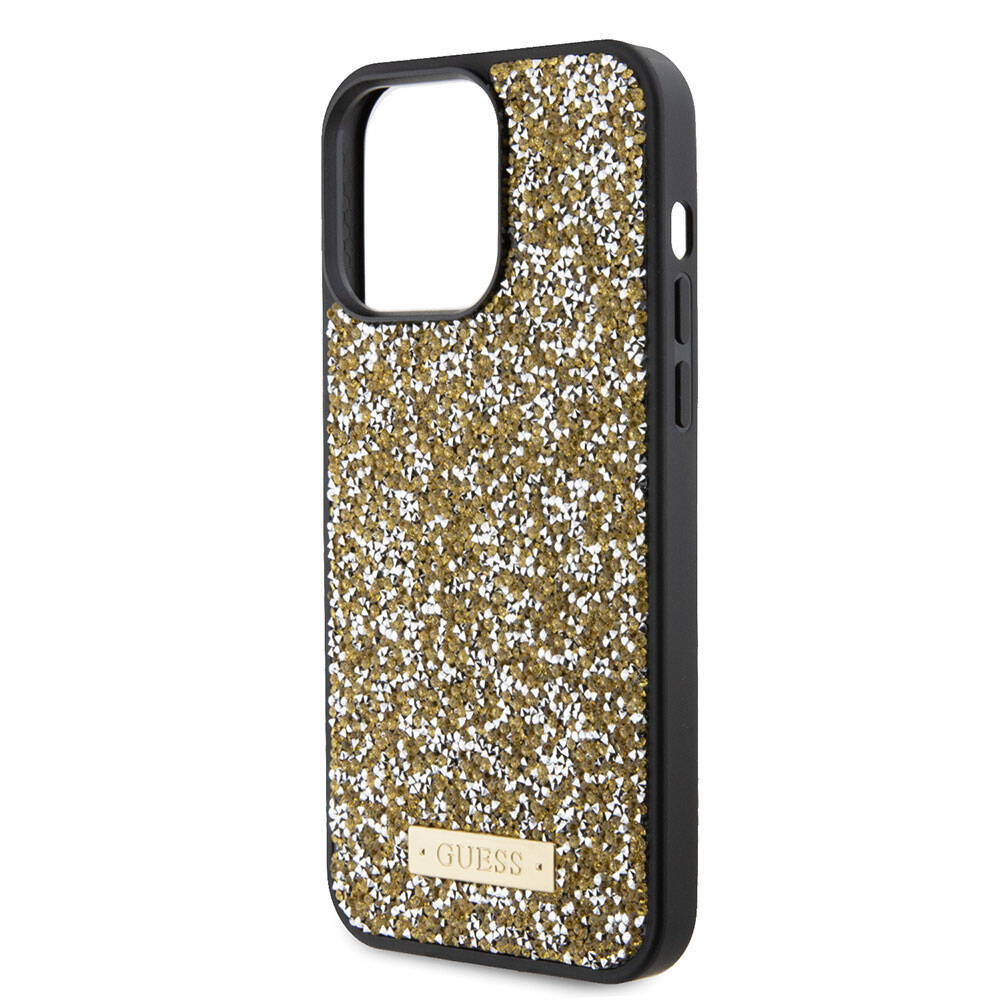 iPhone 15 Pro Max Kılıf Guess Orijinal Lisanslı Taşlı Arka Yüzey Metal Yazı Logolu Kılıf