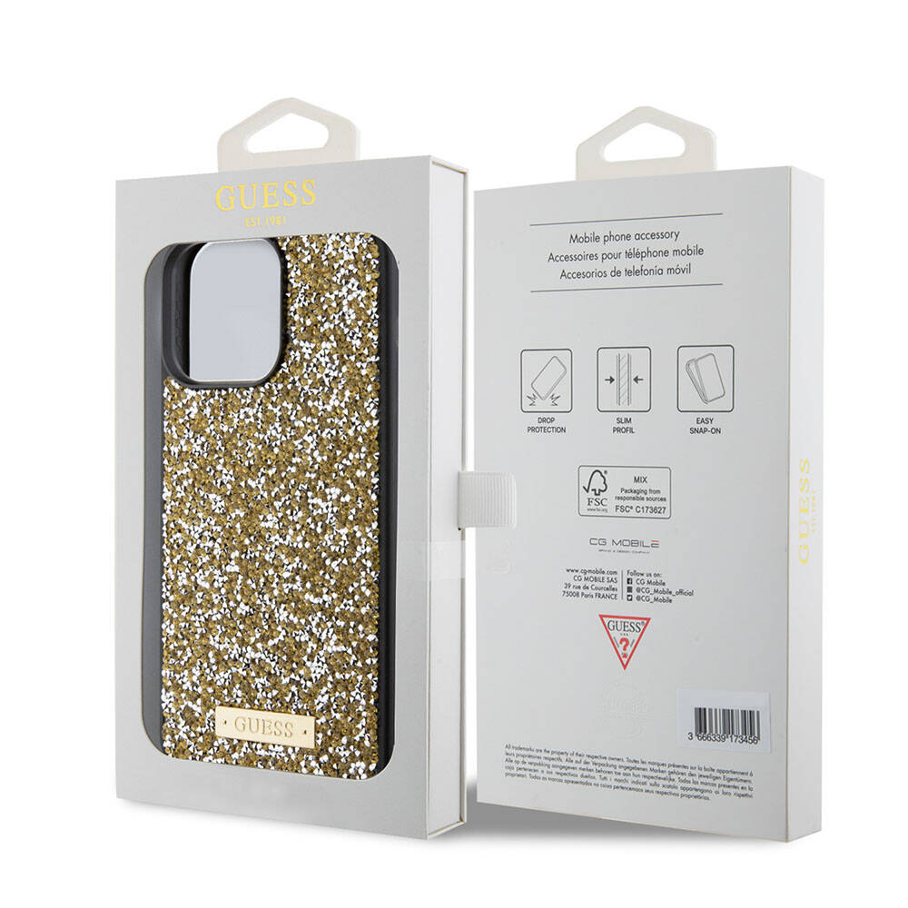 iPhone 15 Pro Max Kılıf Guess Orijinal Lisanslı Taşlı Arka Yüzey Metal Yazı Logolu Kılıf
