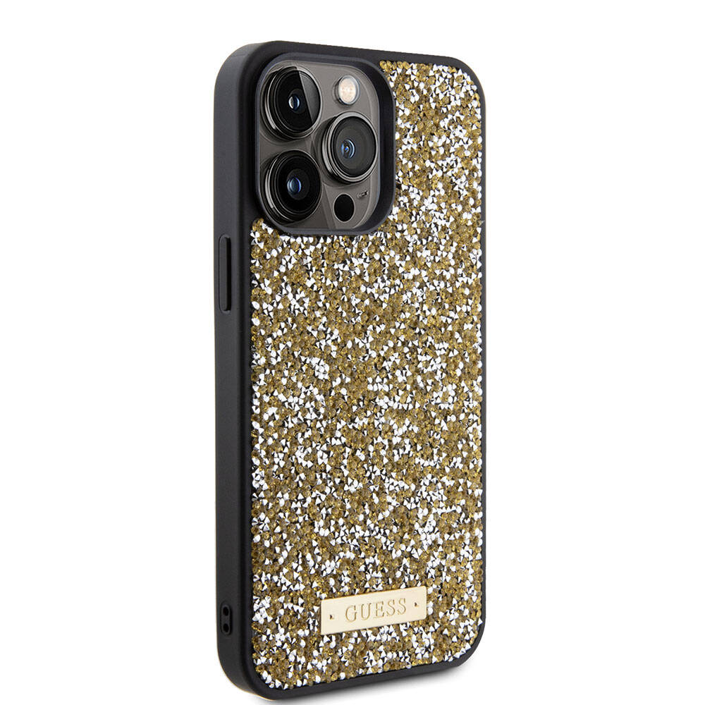 iPhone 15 Pro Max Kılıf Guess Orijinal Lisanslı Taşlı Arka Yüzey Metal Yazı Logolu Kılıf