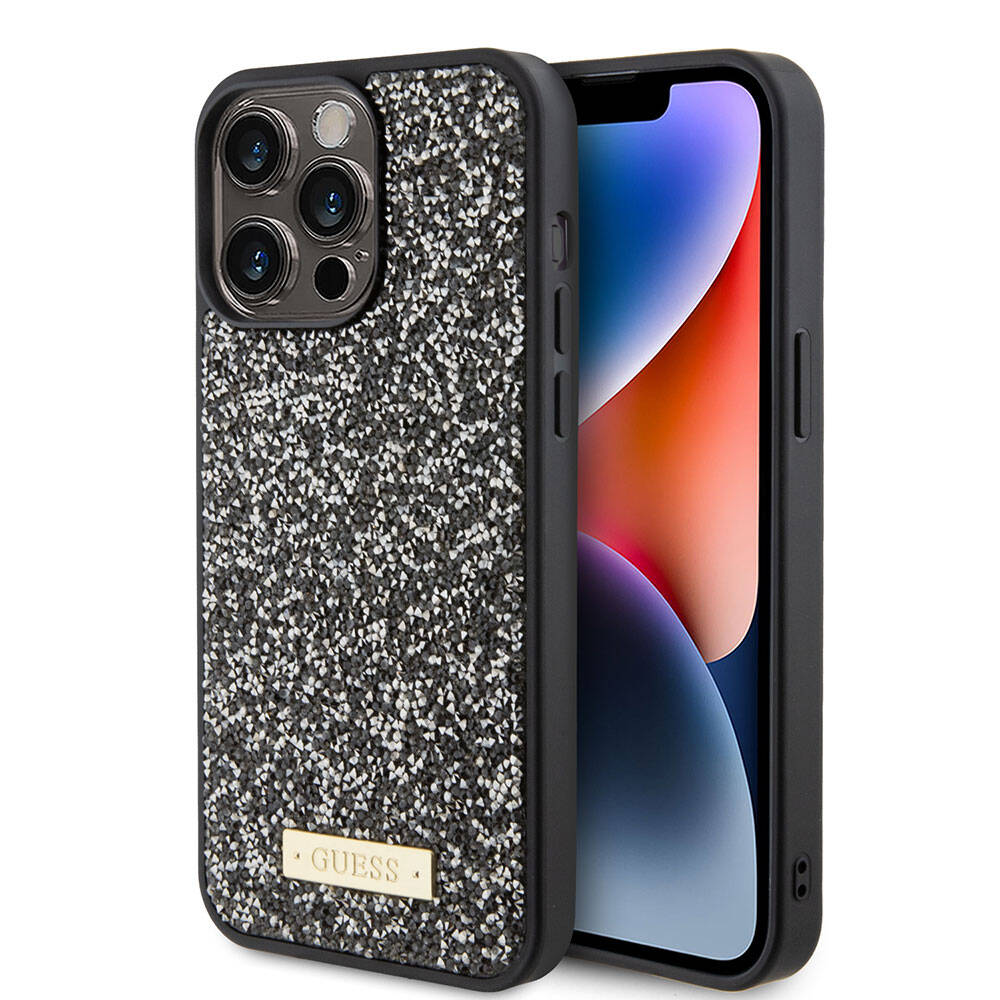 iPhone 15 Pro Max Kılıf Guess Orijinal Lisanslı Taşlı Arka Yüzey Metal Yazı Logolu Kılıf