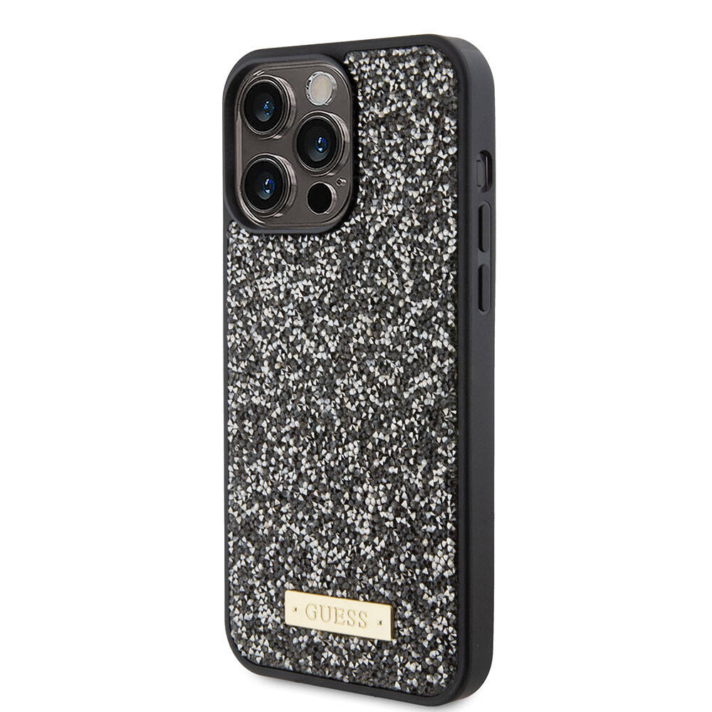 iPhone 15 Pro Max Kılıf Guess Orijinal Lisanslı Taşlı Arka Yüzey Metal Yazı Logolu Kılıf