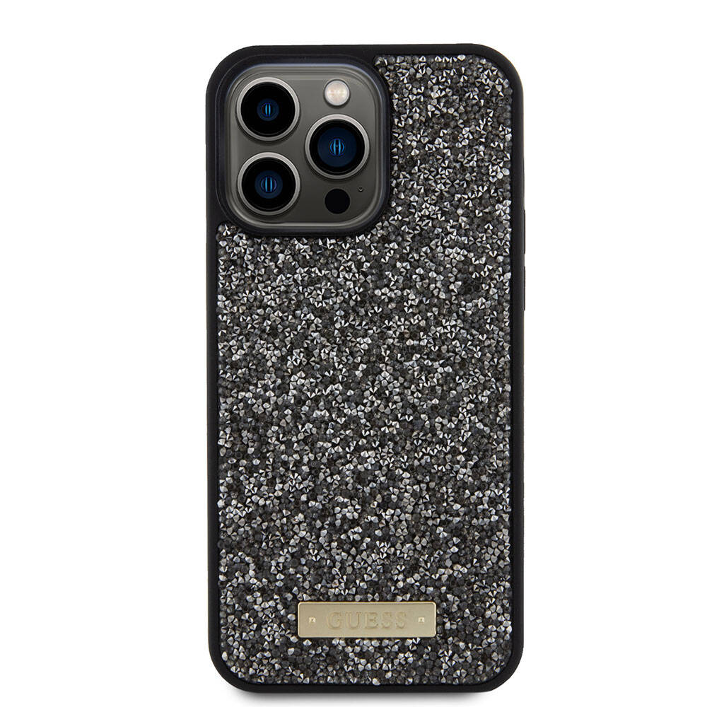 iPhone 15 Pro Max Kılıf Guess Orijinal Lisanslı Taşlı Arka Yüzey Metal Yazı Logolu Kılıf