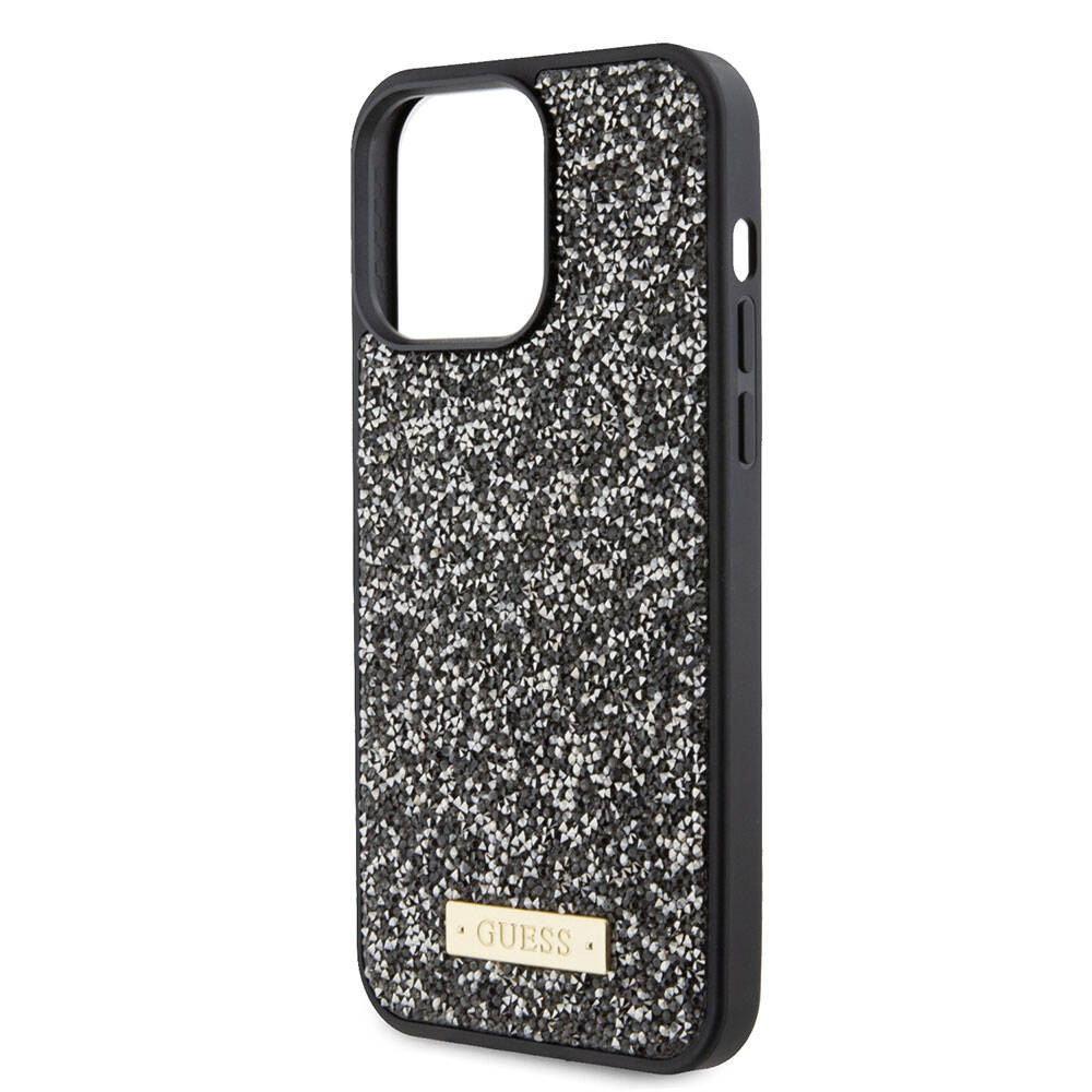 iPhone 15 Pro Max Kılıf Guess Orijinal Lisanslı Taşlı Arka Yüzey Metal Yazı Logolu Kılıf