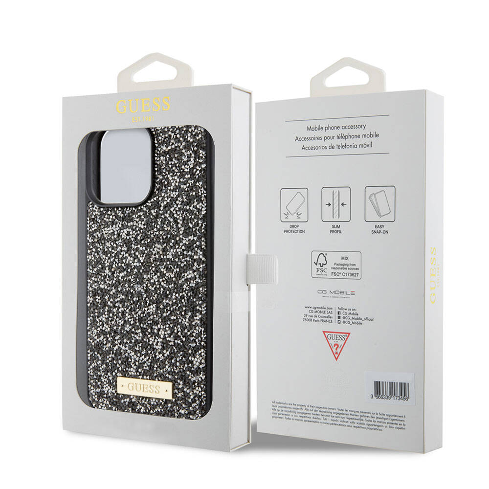 iPhone 15 Pro Max Kılıf Guess Orijinal Lisanslı Taşlı Arka Yüzey Metal Yazı Logolu Kılıf