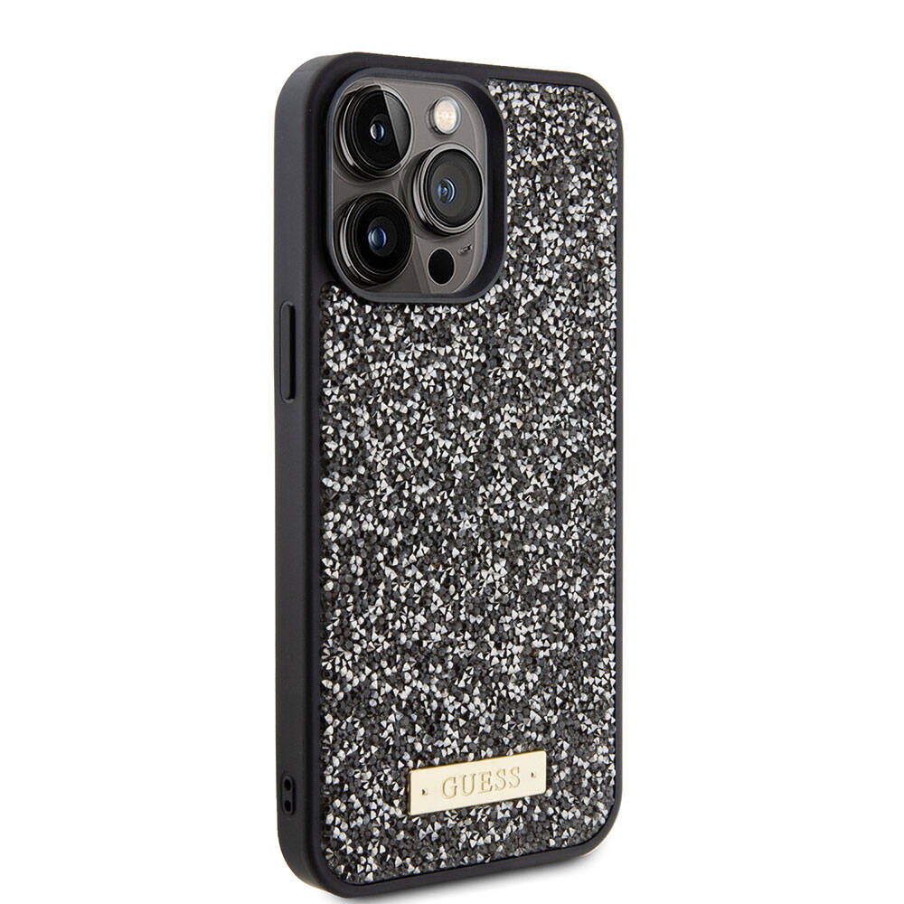 iPhone 15 Pro Max Kılıf Guess Orijinal Lisanslı Taşlı Arka Yüzey Metal Yazı Logolu Kılıf